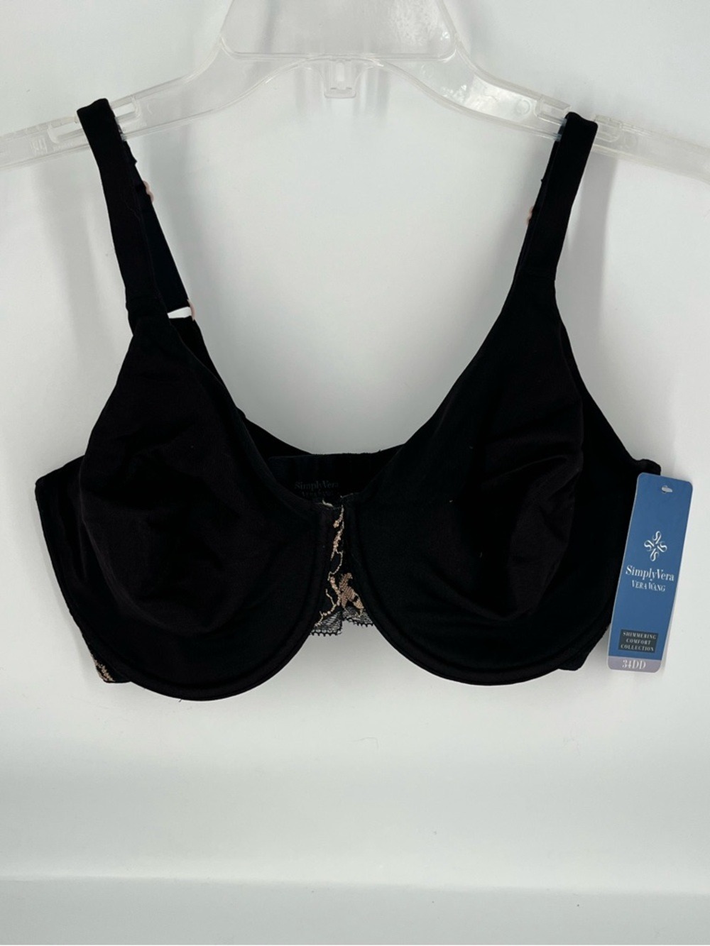 Vera Wang Shimmering Comfort Black Bra with Nude Floral Lace Accents 34DD NWT